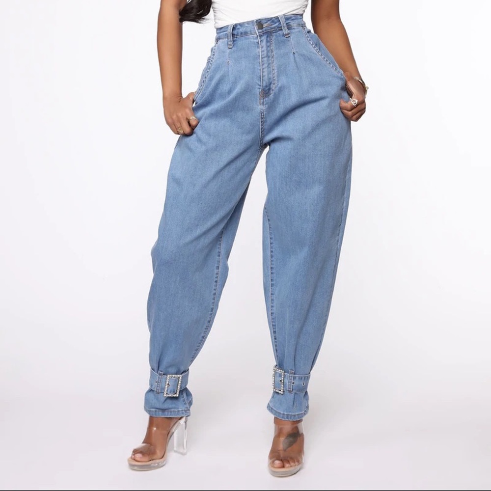 Fashion Nova She's Glam Rhinestone Ankle Balloon Jeans - Medium Blue Wash